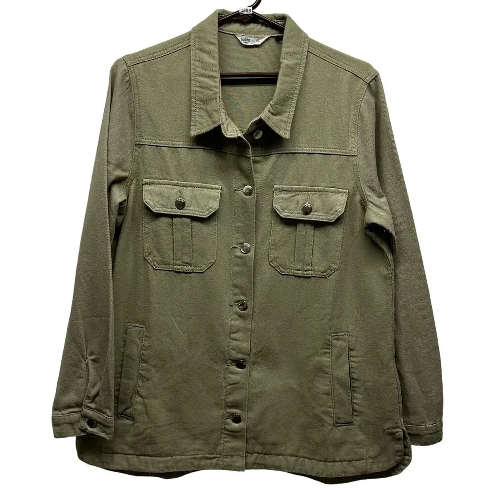 New! Lolita Women’s Sz Lg Olive Green Denim Button Jacket Or Dress, Six Pockets